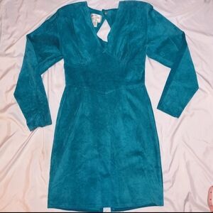 Teal Suede Long Sleeve V-Neck 1980s Dress Rare Find Excellent Condition